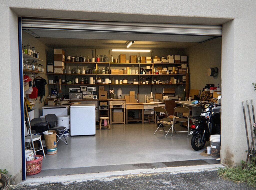 Garage de maison plein d'étagères, d'un congélateur et d'outils avant le débarras
