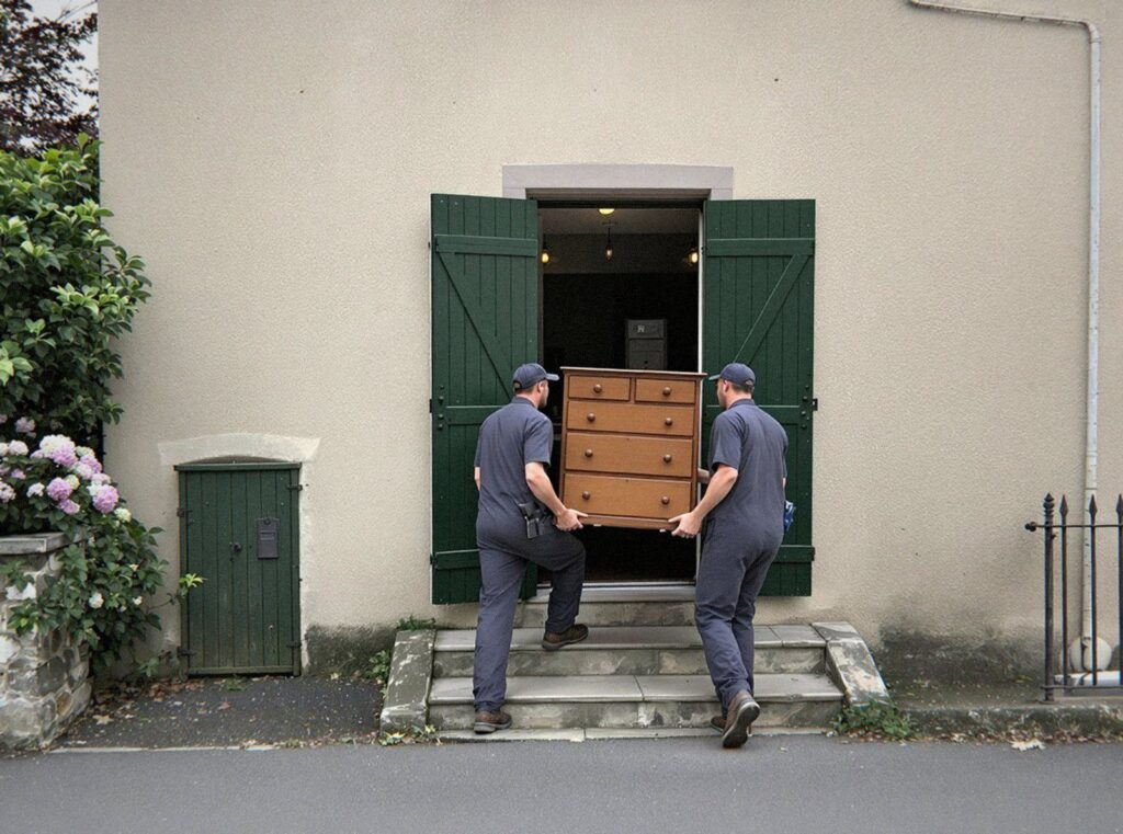 Commode en bois portée à deux hors d'une maison de l'Ain, mise de côté pour la famille pendant un débarras