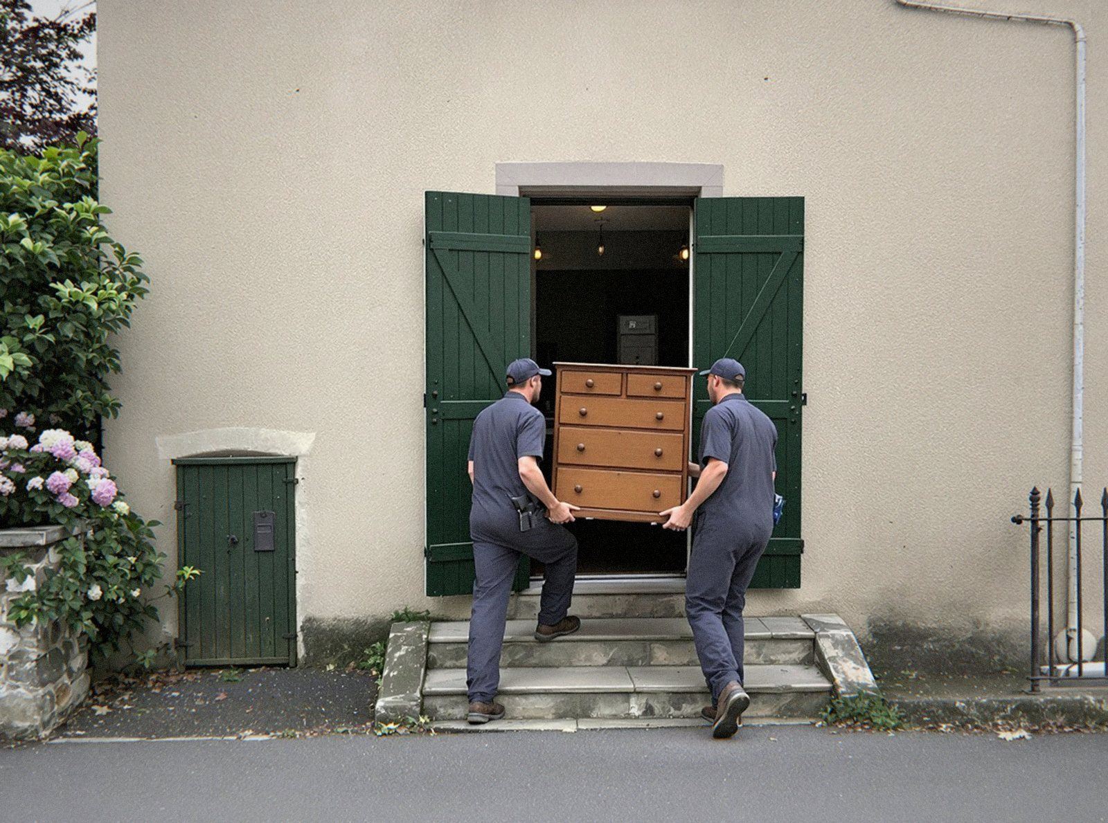 Commode ancienne en bois portée à deux hors d'une maison de l'Ain, meuble qui peut rendre un débarras moins cher