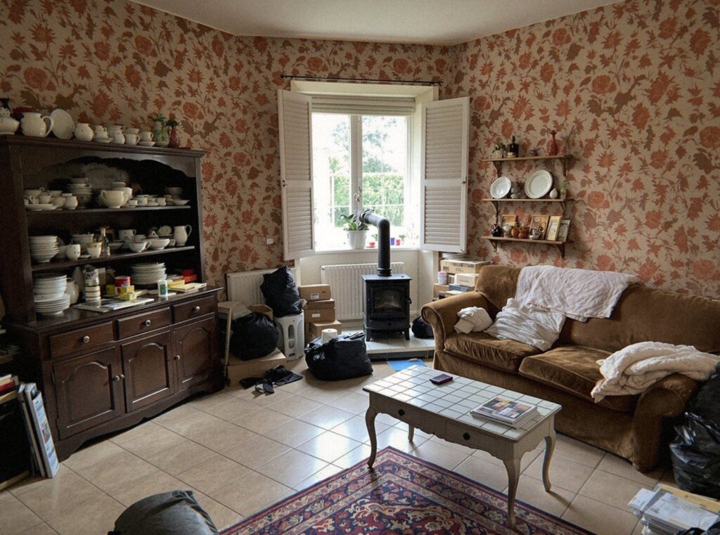 Séjour d'une maison des années 70 dans l'Ain encombré de meubles, de cartons et de sacs avant le débarras